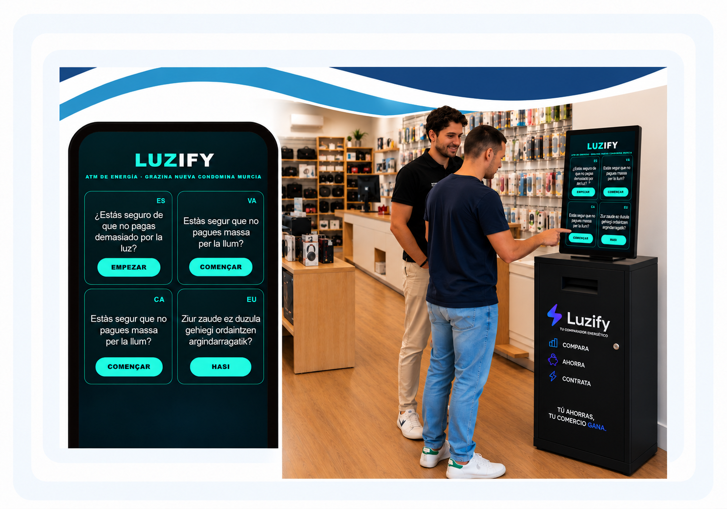 Móvil y pantalla del demo Luzify